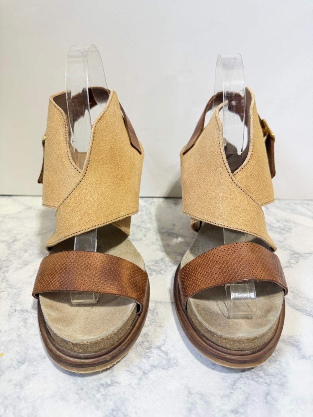 Anthropologie Coque Terra Women's Sanne Leather tan brown block Heels Size 9 - Picture 2 of 10